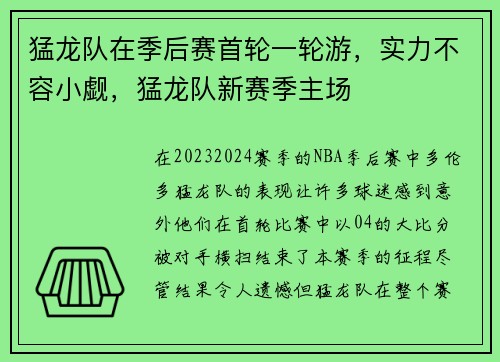 猛龙队在季后赛首轮一轮游，实力不容小觑，猛龙队新赛季主场